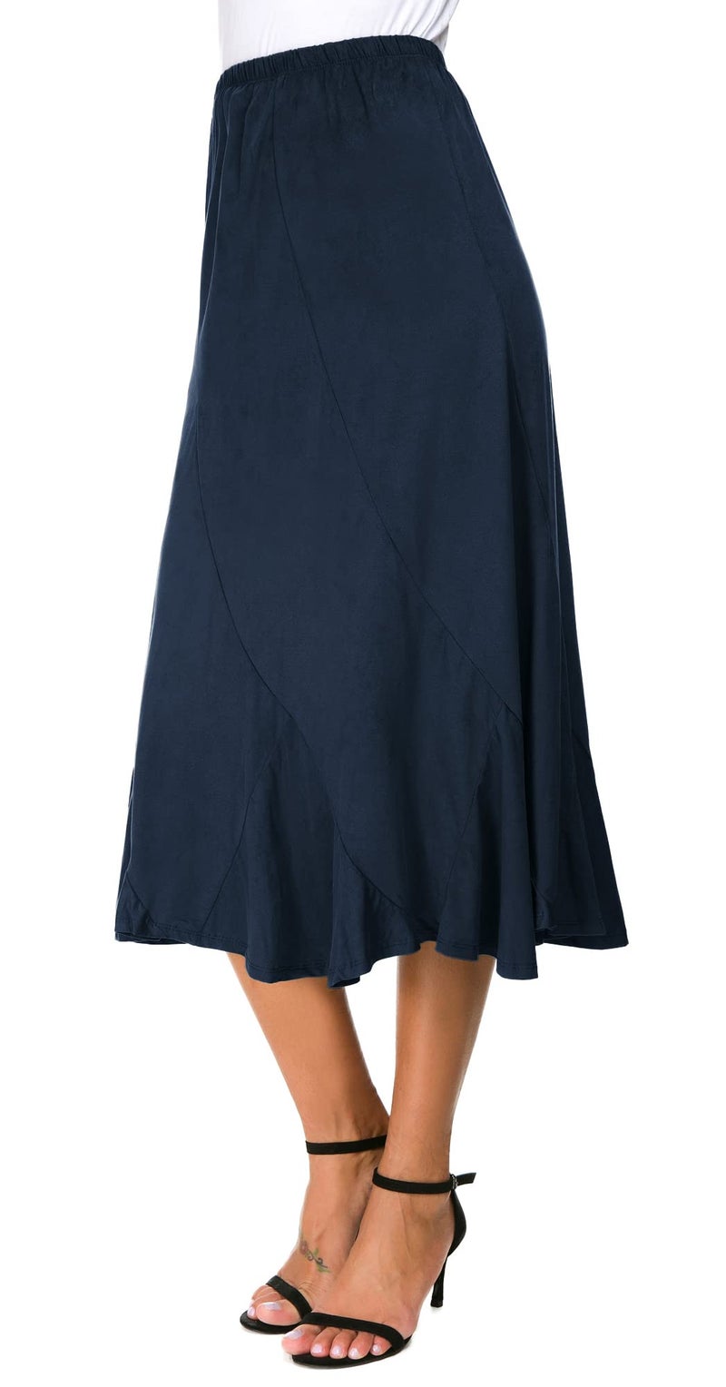 EXCHIC Women's Elegant Ankle Length Ruffle Hem Elastic Waist Suede Midi Skirt (XL, Indigo Blue) - Image 1